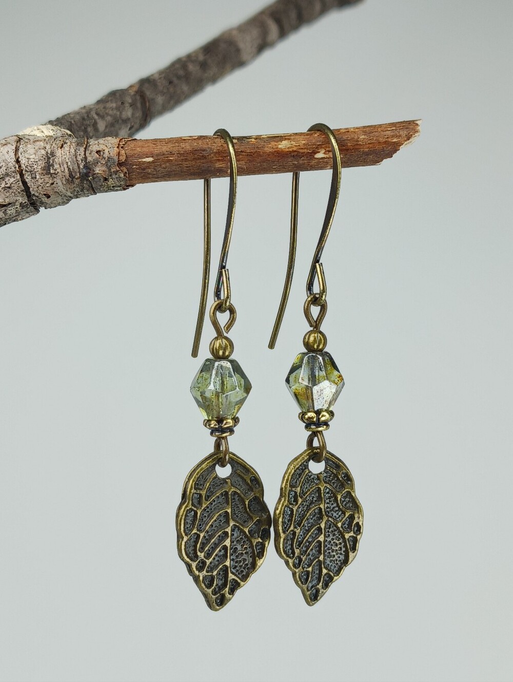 Moss Green Czech Glass Leaf Earrings Antique Brass Botanical Hand Crafted - Picture 2 of 6